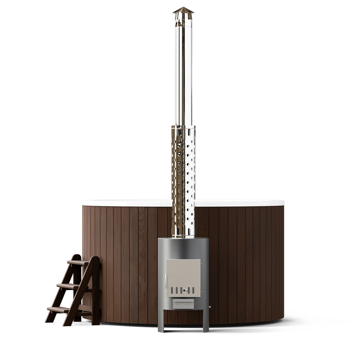 wellmia® Comfort 195 | Badefass Set mit externem 40 kW Ofen, Schornsteinsystem,Thermodeckel, Holzleiter und Ablagefläche | Ø 1.95 m