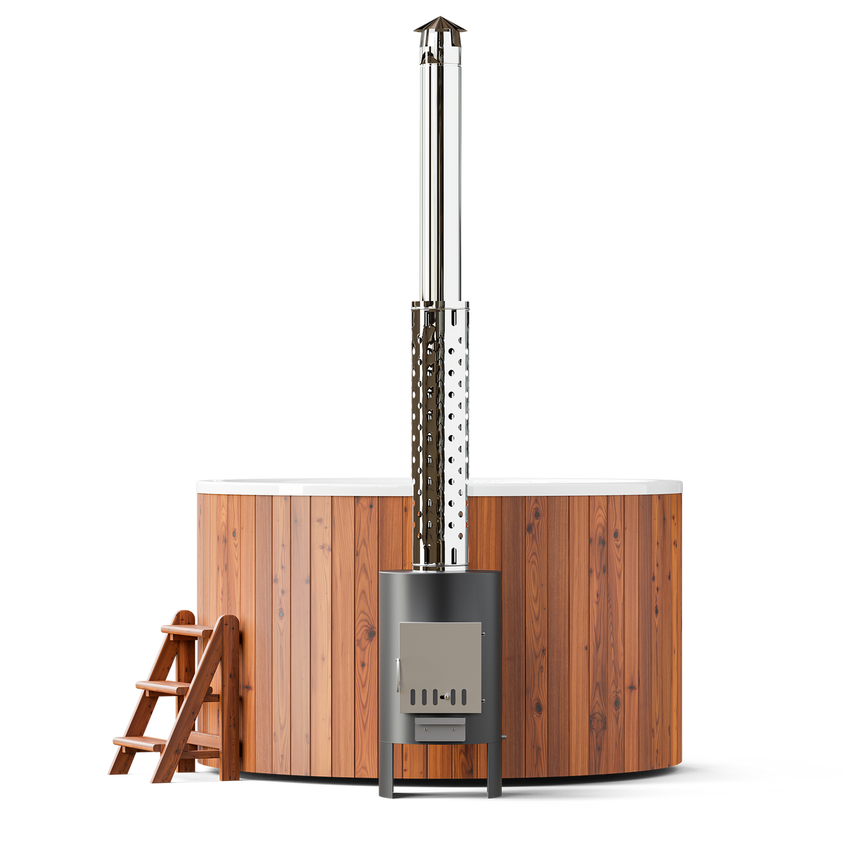 wellmia® Comfort 195 | Badefass Set mit externem 40 kW Ofen, Schornsteinsystem,Thermodeckel, Holzleiter und Ablagefläche | Ø 1.95 m