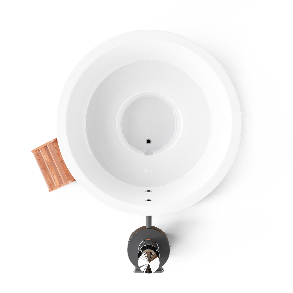 wellmia® Comfort 195 | Badefass Set mit externem 40 kW Ofen, Schornsteinsystem,Thermodeckel, Holzleiter und Ablagefläche | Ø 1.95 m