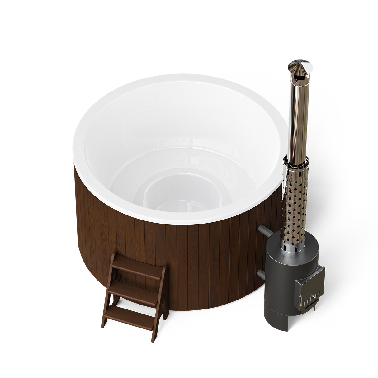wellmia® Comfort 195 | Badefass Set mit externem 40 kW Ofen, Schornsteinsystem,Thermodeckel, Holzleiter und Ablagefläche | Ø 1.95 m