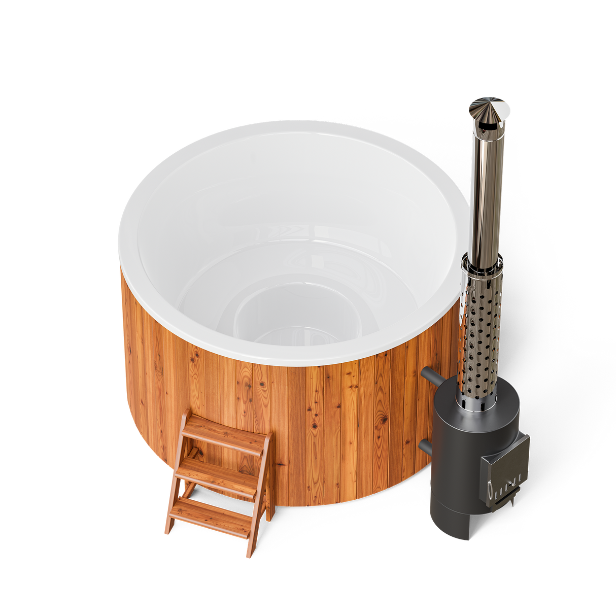 wellmia® Comfort 195 | Badefass Set mit externem 40 kW Ofen, Schornsteinsystem,Thermodeckel, Holzleiter und Ablagefläche | Ø 1.95 m