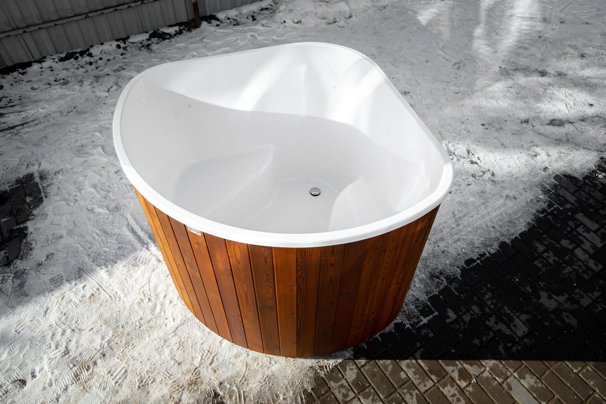 wellmia® Corner 160 Cold | Eis-Badefass Set mit Thermodeckel, Holzleiter und Ablagefläche | 1,6 x 1,6