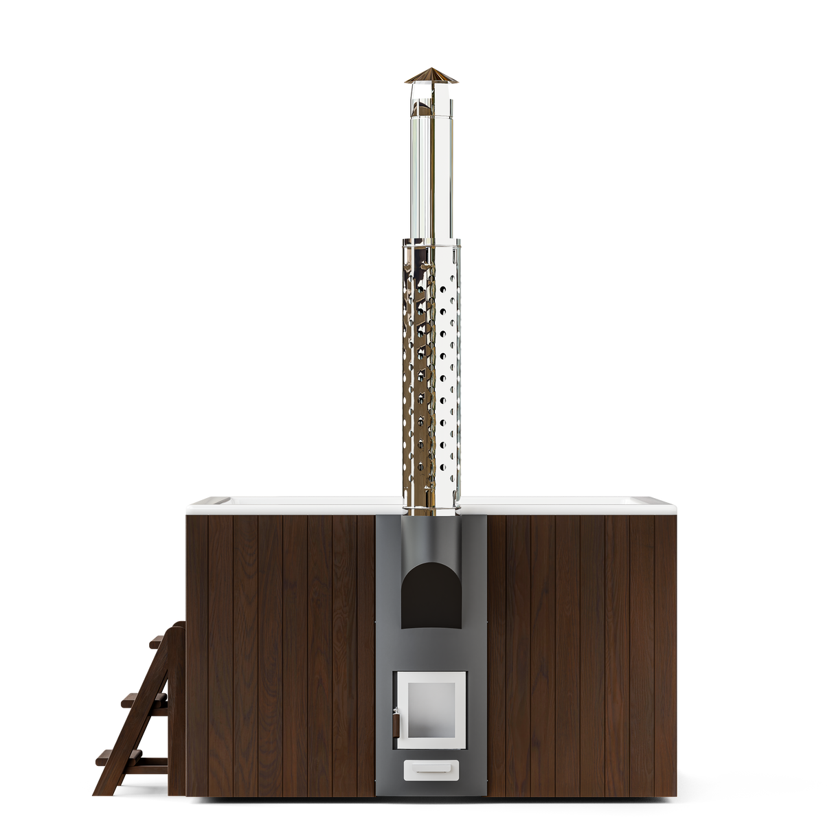 wellmia® Elite Quattro 180 | Badefass Set mit integriertem Ofen, Schornsteinsystem,Thermodeckel, Holzleiter und Ablagefläche | 1.8 x 1.8