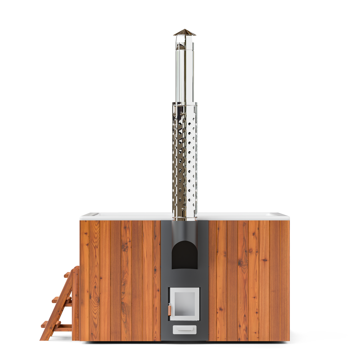 wellmia® Elite Quattro 180 | Badefass Set mit integriertem Ofen, Schornsteinsystem,Thermodeckel, Holzleiter und Ablagefläche | 1.8 x 1.8