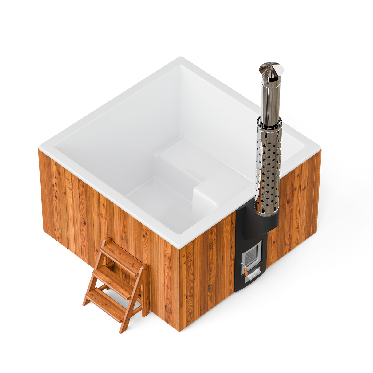 wellmia® Elite Quattro 180 | Badefass Set mit integriertem Ofen, Schornsteinsystem,Thermodeckel, Holzleiter und Ablagefläche | 1.8 x 1.8