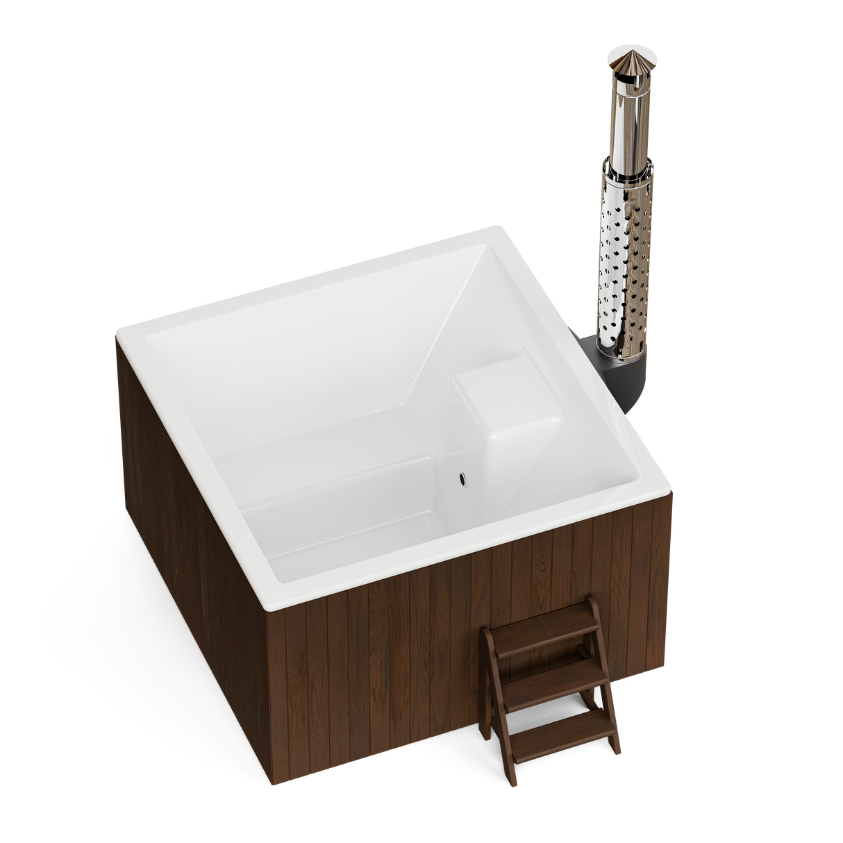 wellmia® Elite Quattro 180 | Badefass Set mit integriertem Ofen, Schornsteinsystem,Thermodeckel, Holzleiter und Ablagefläche | 1.8 x 1.8