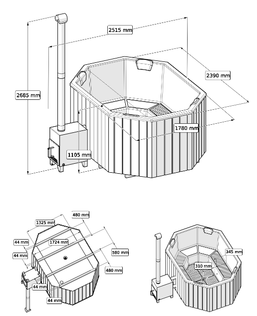 Original Octa XXL Hottub | HotTub mit Holzofen | für 8 Personen | 2.40 × 1.80 Meter