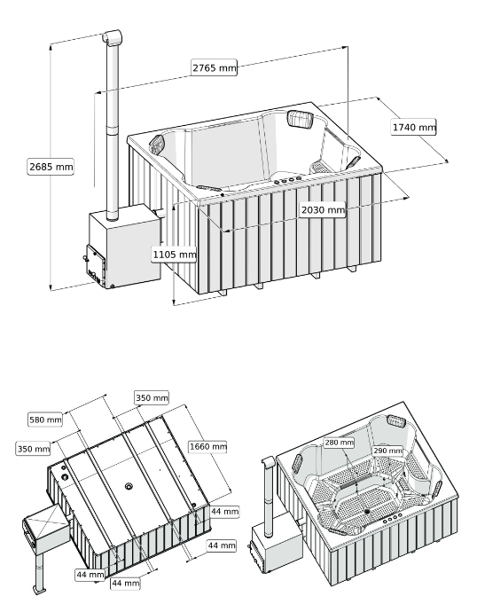 Original Quadro Hottub | HotTub mit Holzofen | für 6 Personen | 2.00 × 1.70 Meter