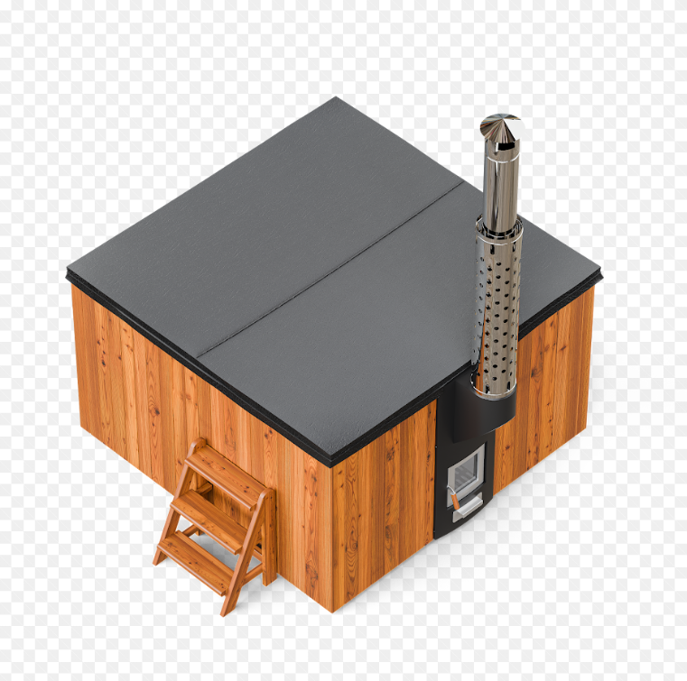 wellmia® Elite Quattro 180 | Badefass Set mit integriertem Ofen, Schornsteinsystem,Thermodeckel, Holzleiter und Ablagefläche | 1.8 x 1.8