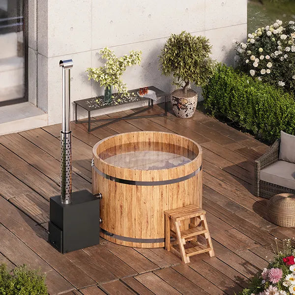 Original Vollholz Badefass mit Holzofen | Konfigurierbar | wählbare Größen für bis zu 10 Personen