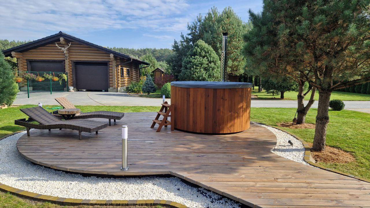 wellmia® Comfort 195 | Badefass Set mit externem 40 kW Ofen, Schornsteinsystem,Thermodeckel, Holzleiter und Ablagefläche | Ø 1.95 m