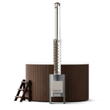 wellmia® Comfort 195 | Badefass Set mit externem 40 kW Ofen, Schornsteinsystem,Thermodeckel, Holzleiter und Ablagefläche | Ø 1.95 m